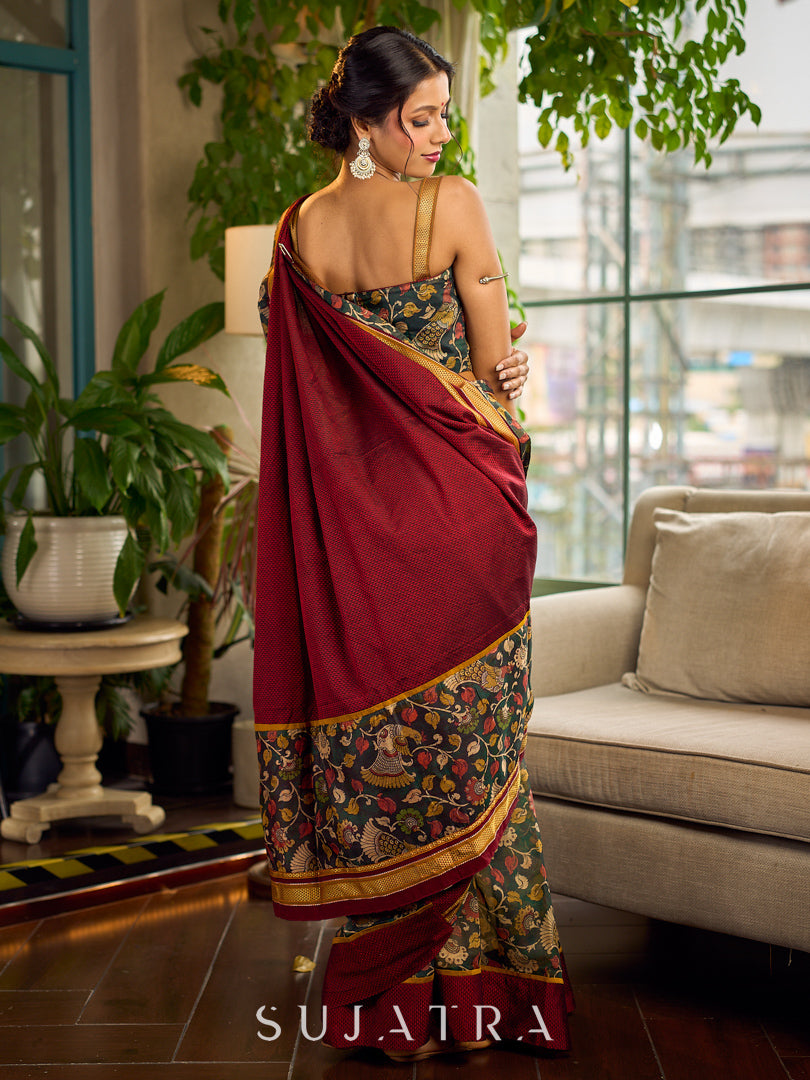 Timeless Dark Green Kalamkari Printed Chanderi Saree with Maroon Khun Pallu