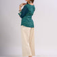 Teal Square Neck Cotton Top with Printed Panels and Contrast Piping