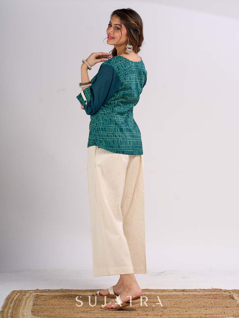 Teal Square Neck Cotton Top with Printed Panels and Contrast Piping