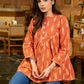 Tangerine Weave Ikat Top with Asymmetrical Panel and Statement Buttons