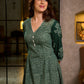 Contemporary Bottle Green Hand Block Printed Cotton Dress with Cinched Waist & Floral Sleeves