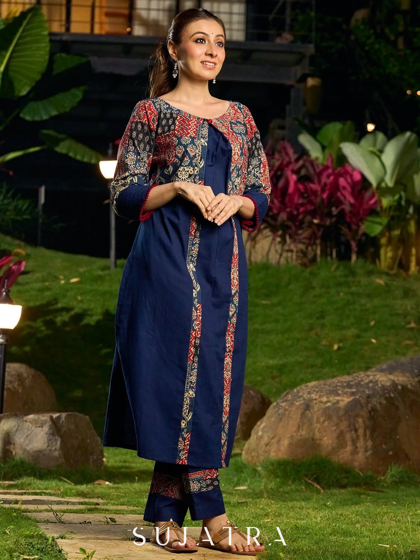 Handcrafted Navy Blue Cotton Kantha Embroidered Kurta
