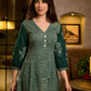 Contemporary Bottle Green Hand Block Printed Cotton Dress with Cinched Waist & Floral Sleeves