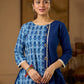 Indigo Paisley Printed Top Finished With Navy Blue Accents And A Refined Pearl Button Detail