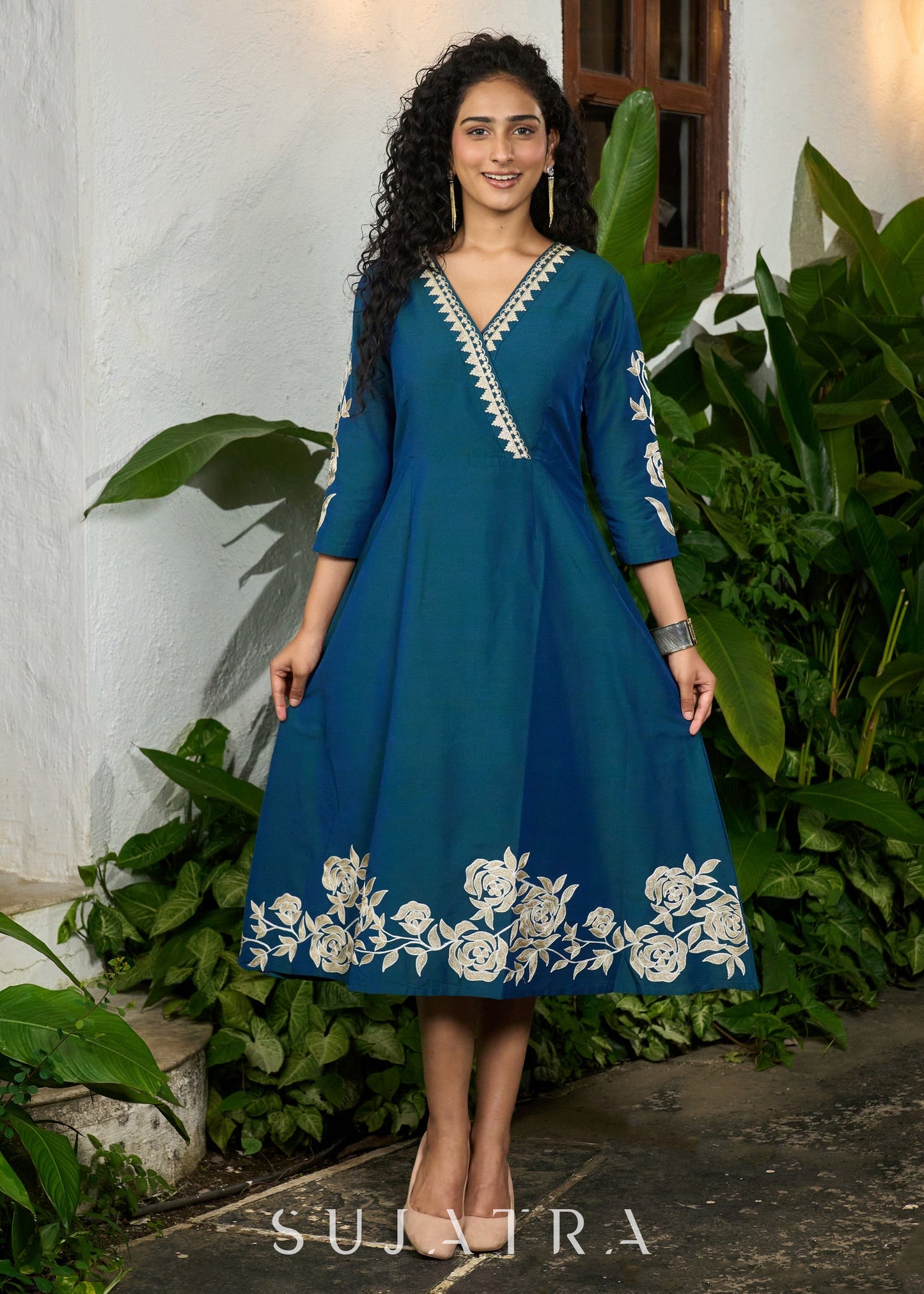 Classy teal cotton silk one piece dress with bold floral embroidery