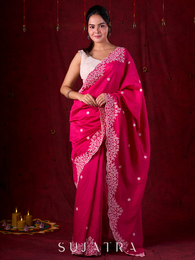Vibrant Fuchsia Chanderi Saree with Intricate Embroidery & Scalloped Border