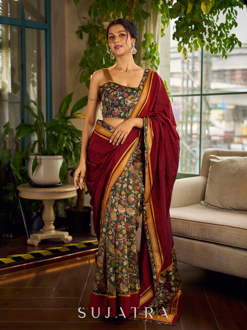 Timeless Dark Green Kalamkari Printed Chanderi Saree with Maroon Khun Pallu