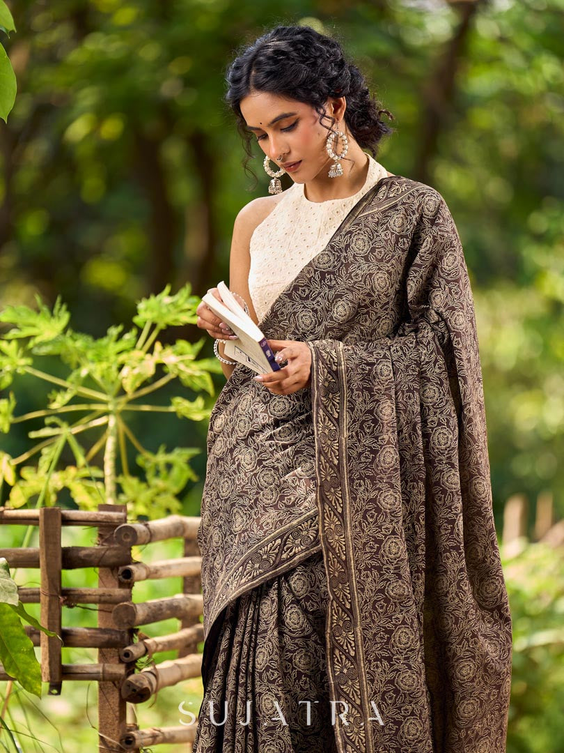 Contemporary Brown Cotton Saree with All-Over Floral Print
