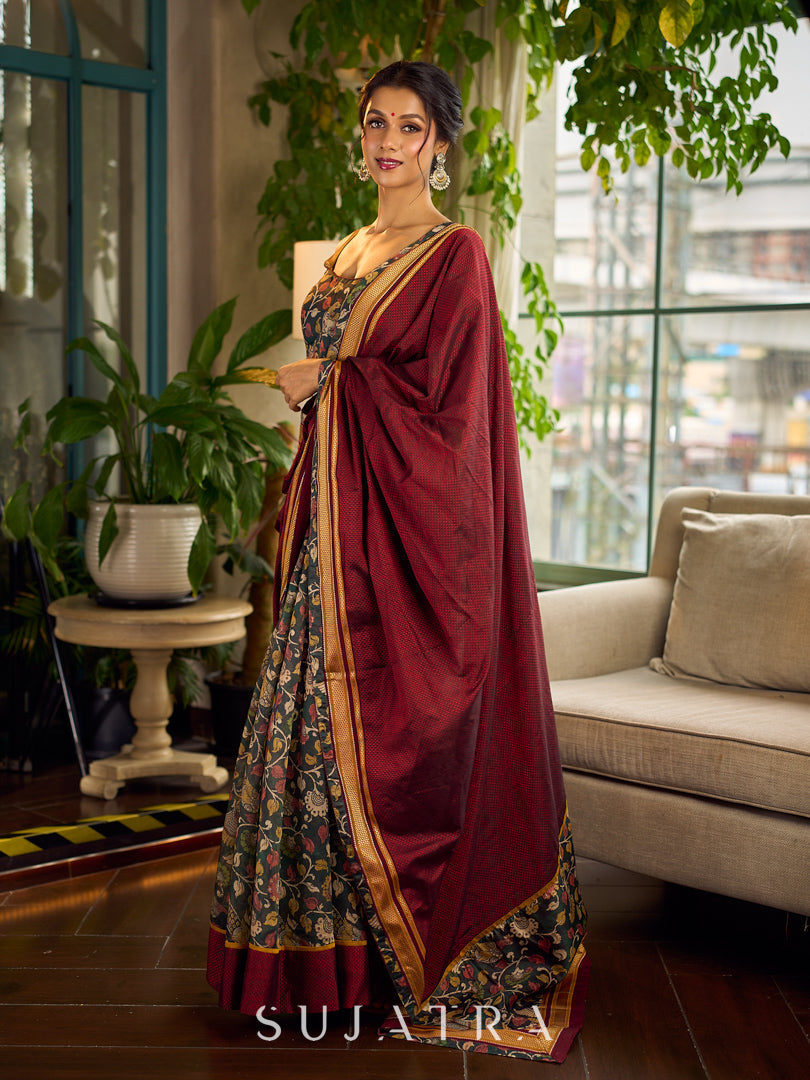 Timeless Dark Green Kalamkari Printed Chanderi Saree with Maroon Khun Pallu