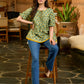 Botanical Green Printed Top with Contrast Mustard Flared Hem and Puffy Sleeves with Pearl Embellishments