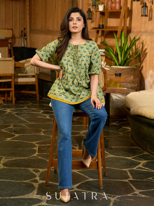 Botanical Green Printed Top with Contrast Mustard Flared Hem and Puffy Sleeves with Pearl Embellishments