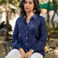 Chic Navy Woven Cotton Pintuck Shirt Featuring Soft Gathered Sleeves