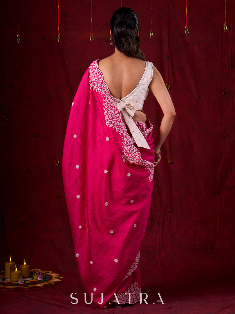 Vibrant Fuchsia Chanderi Saree with Intricate Embroidery & Scalloped Border