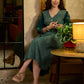 Contemporary Bottle Green Hand Block Printed Cotton Dress with Cinched Waist & Floral Sleeves