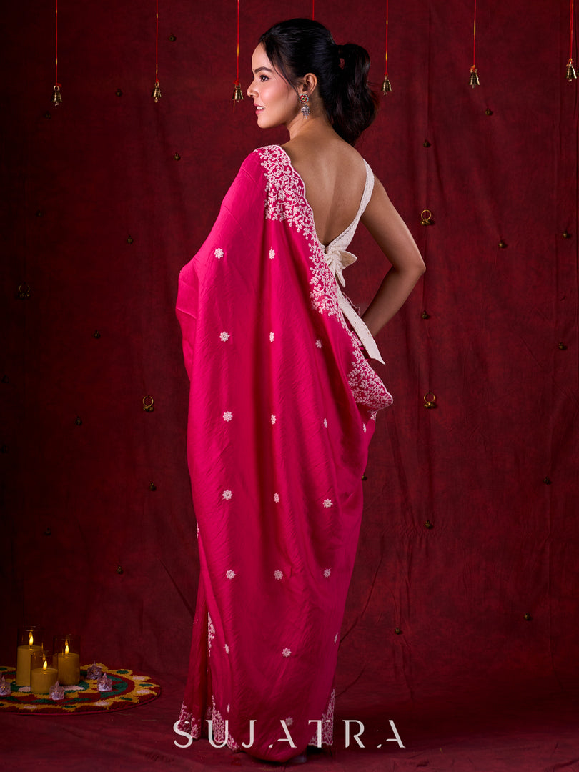 Vibrant Fuchsia Chanderi Saree with Intricate Embroidery & Scalloped Border
