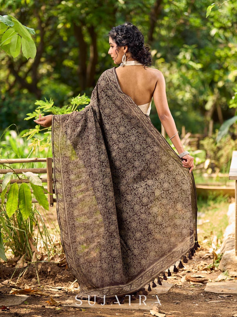 Contemporary Brown Cotton Saree with All-Over Floral Print