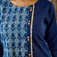 Indigo Paisley Printed Top Finished With Navy Blue Accents And A Refined Pearl Button Detail