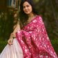 Modern Off-White Pure Silk Block Printed Saree with Delicate Polka Dots & Vibrant Pink Floral Pallu