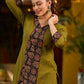 Olive kurta elevated with a black Ajrakh centre panel and Maroon details