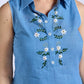 Sky Blue Sleeveless Collared Top with Exquisite Hand Embroidered Florals