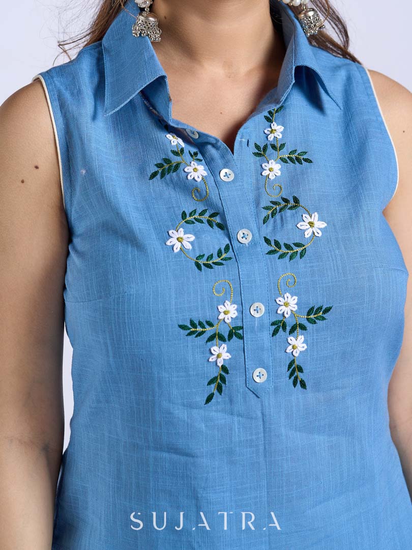 Sky Blue Sleeveless Collared Top with Exquisite Hand Embroidered Florals