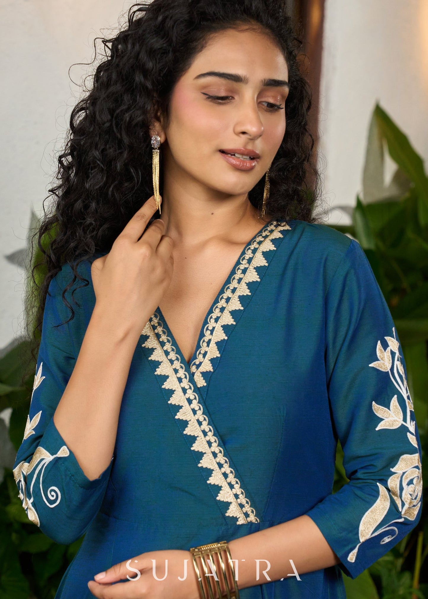Classy teal cotton silk one piece dress with bold floral embroidery