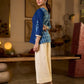 Indigo Paisley Printed Top Finished With Navy Blue Accents And A Refined Pearl Button Detail