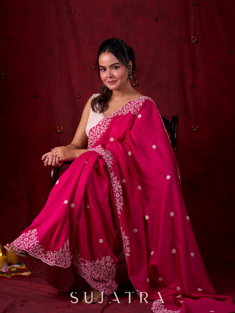 Vibrant Fuchsia Chanderi Saree with Intricate Embroidery & Scalloped Border