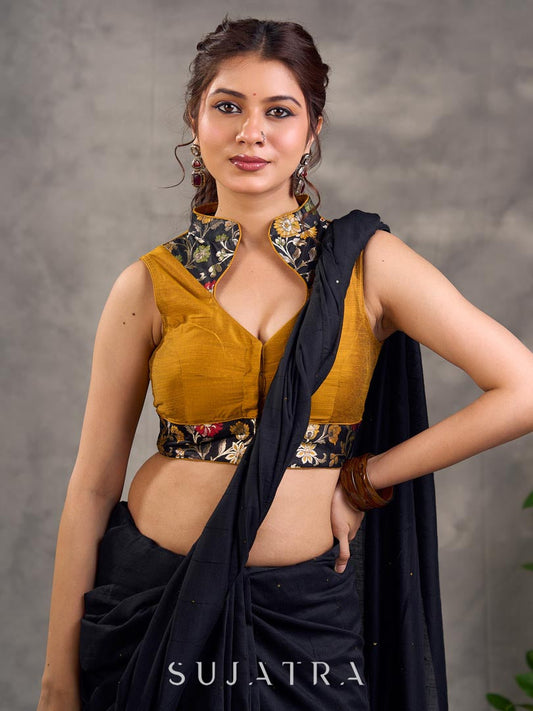 Mustard Cotton Silk Sleeveless Blouse with Black Floral Benarasi Brocade Collar and Hem Border