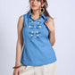 Sky Blue Sleeveless Collared Top with Exquisite Hand Embroidered Florals