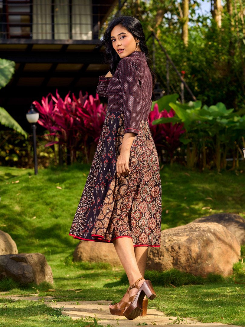 Ajrakh Block Printed Cotton Panel Flared Shirt Dress with Collared Neckline