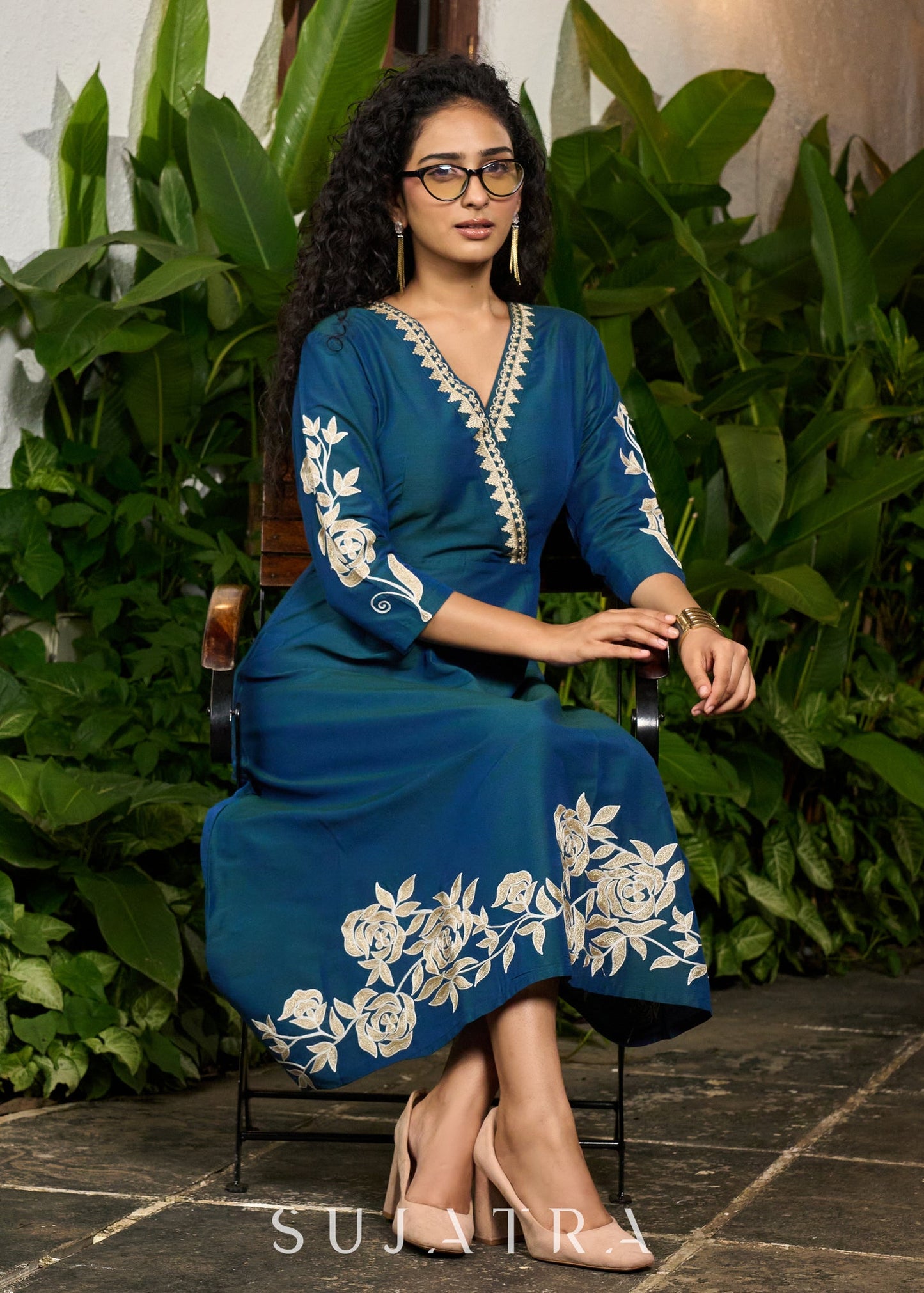 Classy teal cotton silk one piece dress with bold floral embroidery