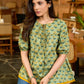 Botanical Green Printed Top with Contrast Mustard Flared Hem and Puffy Sleeves with Pearl Embellishments