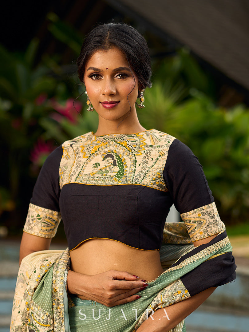 Vibrant Sage-Yellow Ombre Saree with Madhubani Print Border & Black Trim
