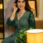 Contemporary Bottle Green Hand Block Printed Cotton Dress with Cinched Waist & Floral Sleeves