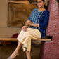 Indigo Paisley Printed Top Finished With Navy Blue Accents And A Refined Pearl Button Detail