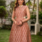 Chic champagne beige Ikat dress elevated with Hakoba accents, a relaxed drop-shoulder fit, mandarin neckline, and fluid side gathers detailed with Hakoba flaps.