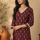 Deep Maroon Ikat Cotton Kurta with Detailed Neckline & Sleeves