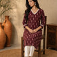 Deep Maroon Ikat Cotton Kurta with Detailed Neckline & Sleeves