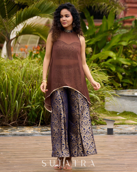 Brocade Blouse & Pleated Brocade Pants with Additional Brown Sheer Tunic