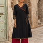 Graceful Black Cotton Silk Angarkha Kurta with Embroidered Neckline & Floral Brocade Cuffs