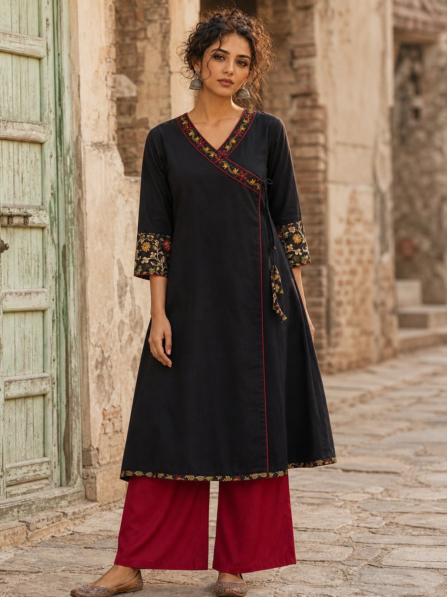 Graceful Black Cotton Silk Angarkha Kurta with Embroidered Neckline & Floral Brocade Cuffs