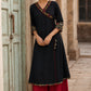 Graceful Black Cotton Silk Angarkha Kurta with Embroidered Neckline & Floral Brocade Cuffs