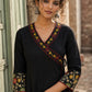 Graceful Black Cotton Silk Angarkha Kurta with Embroidered Neckline & Floral Brocade Cuffs