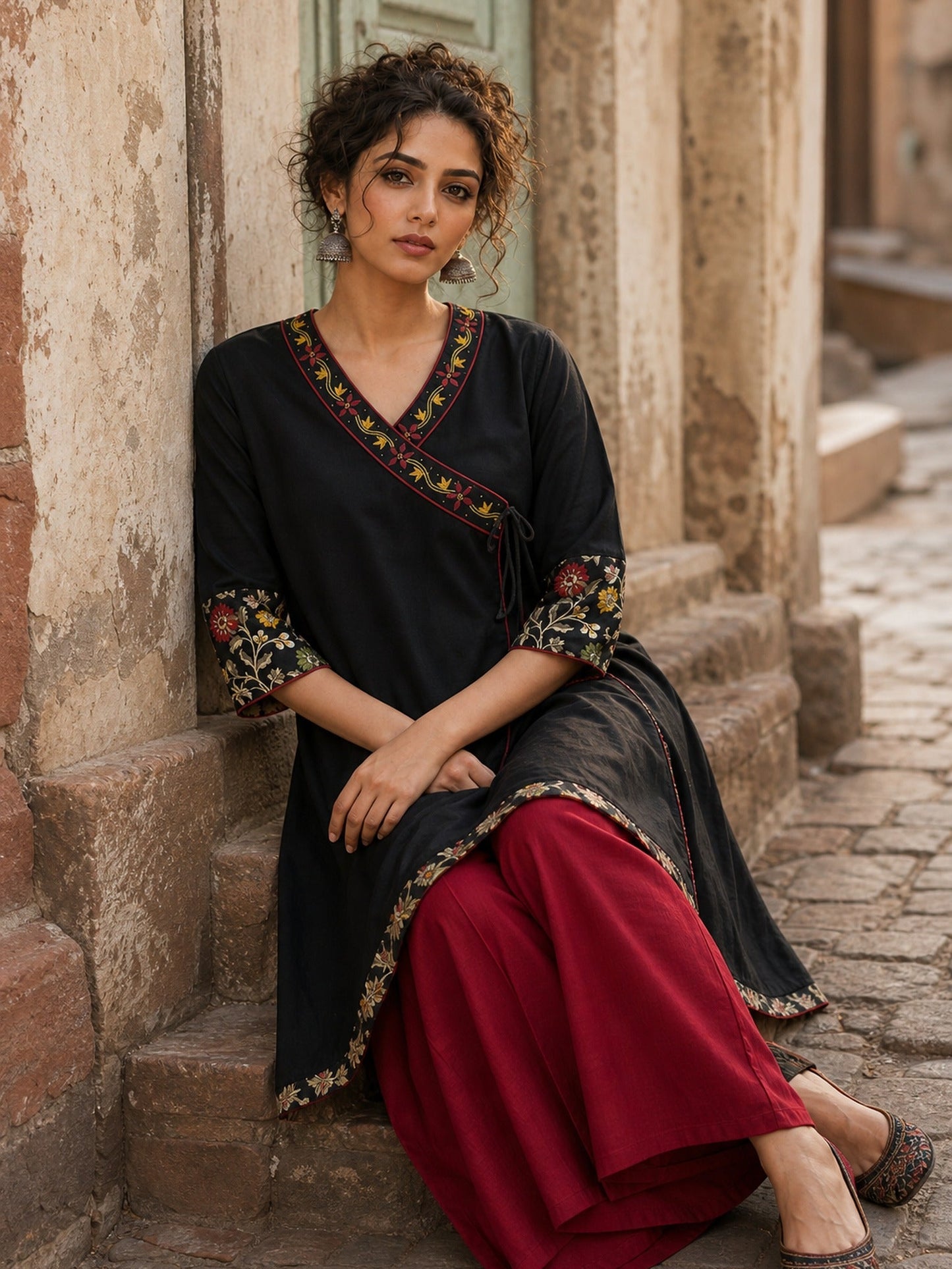 Graceful Black Cotton Silk Angarkha Kurta with Embroidered Neckline & Floral Brocade Cuffs