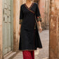 Graceful Black Cotton Silk Angarkha Kurta with Embroidered Neckline & Floral Brocade Cuffs
