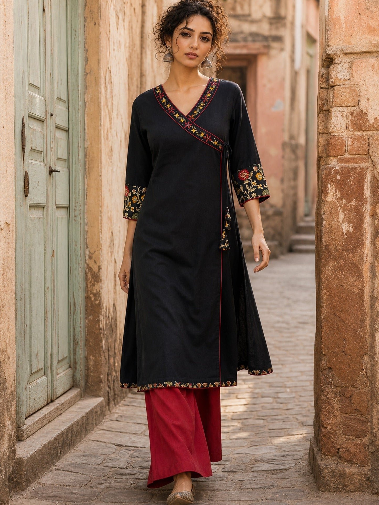 Graceful Black Cotton Silk Angarkha Kurta with Embroidered Neckline & Floral Brocade Cuffs