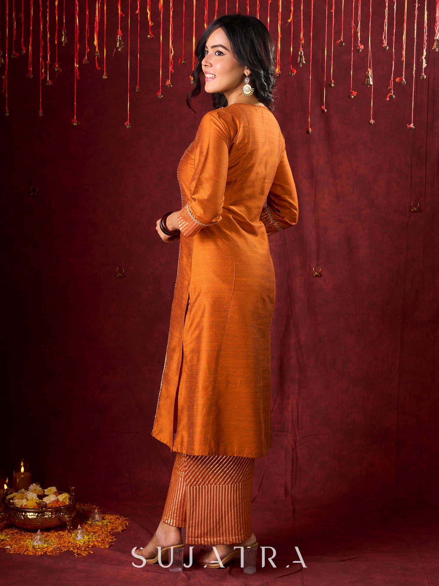 Deep Rust Cotton-Silk Panel Kurta with Subtle Brocade Accents