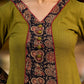 Olive kurta elevated with a black Ajrakh centre panel and Maroon details
