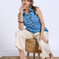 Sky Blue Sleeveless Collared Top with Exquisite Hand Embroidered Florals